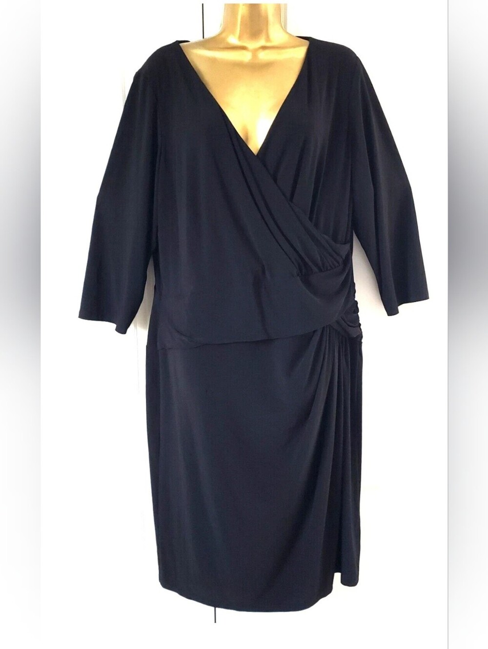 Chaps Black 3/4 Sleeve Faux Wrap-Style Black Stretch Dress Knee Length